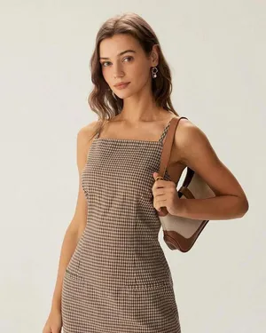 RIHOAS Brown Plaid Slip Mini Dress thumbnail 5
