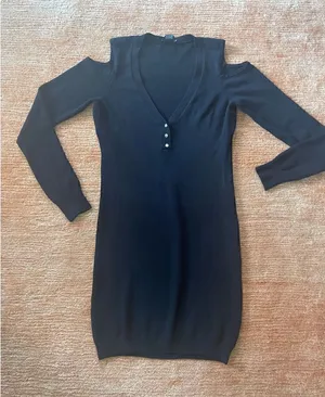 Black BEBE Long Sleeve Knitted Bodycon Dress with V-Neck and Off Shoulder Size L thumbnail 1