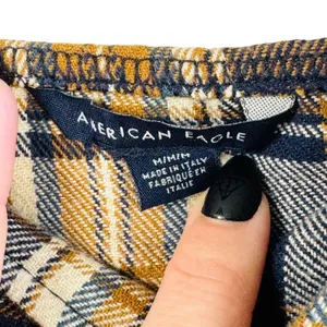 American Eagle Plaid Pinafore Dress Made‎ in Italy Brown Navy Sz M Pockets Mini thumbnail 3