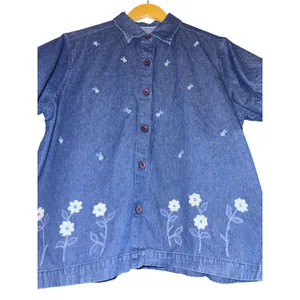 Vintage‎ Chambray Embroidered Floral Top Button Up Women Large Daisy 90s Prairie thumbnail 2