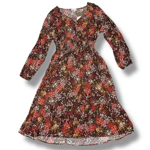 Cottagecore Floral‎ Smocked Waist Long Sleeve Boho Midi Dress Brown Multi Large thumbnail 11