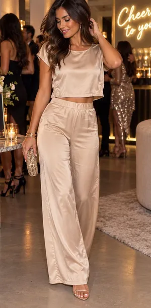 NWT Love 83 Champagne Satin Crop Top Wide Leg Pants Set Size Large thumbnail 1