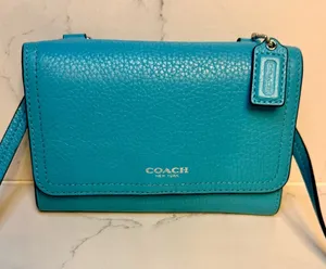 Coach Foldover Crossbody Wallet Bag Robin's Egg Blue Pebbled Leather thumbnail 1