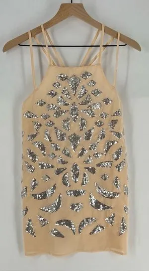 Truth NYC Sheer Lightweight Pink Chiffon SIlver Emellished Sequins‎ Strappy Tank thumbnail 1