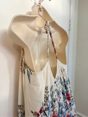 Billabong XS San Sebonne Floral Halter Maxi Dress Ivory Pink Crinkle Open Back thumbnail 13