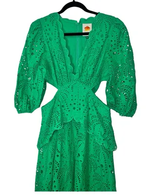 FARM Rio Green Richelieu Cutwork Midi Dress Bright Green Eyelet Cotton Sz M NWT thumbnail 9
