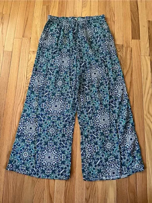 Primark Boho Coastal Wide Leg Pants Medium Blue Tile Print Vacation 100% Cotton Beachy thumbnail 1