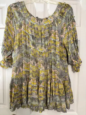 Free People Elephant Print Smocked Mini Dress Tunic Yellow Pink XS Boho Chic thumbnail 1