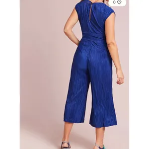 Maeve Anthropologie Blue Pleated‎ Wide Leg Jumpsuit Cropped 2 boho whimsi resort thumbnail 2