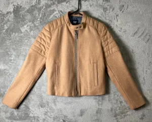 GAP Camel Wool Blend Moto Jacket Quilted Shoulder Zip‎ Front Biker Chic Small thumbnail 1