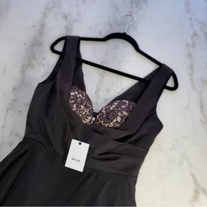Sau Lee Black Satin Lace Bodice Drape Midi Dress Womens Size US 8 New NWT thumbnail 9