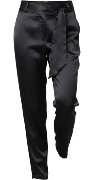 Ett:twa by Anthropologie Satin Trousers 10 Black New Tie Waist High Rise Pants‎ thumbnail 1