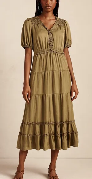 BOHME Womens green satiny tiered long ruffled midi dress sz S prairie cottage thumbnail 1