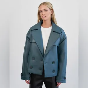 4th & Reckless PU double‎ breasted Victoria jacket in teal XL thumbnail 2