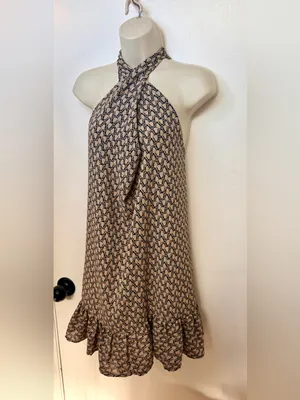 EMERY ROSE Size S Halter Mini Dress Beige Black Geometric Print Ruffle Hem thumbnail 5