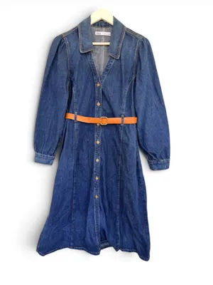 Zara Dark wester Blue Denim Midi Shirt Dress with Brown Belt thumbnail 3