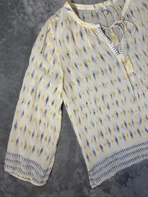 Joie Medium 100% Silk Ikat Tassel Tie Boho Peasant Blouse Ivory Blue Sheer Work thumbnail 5