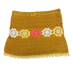 Mora‎ Mustard Yellow Crochet Floral Medallion Fringe Mini Skirt One Size Boho thumbnail 2