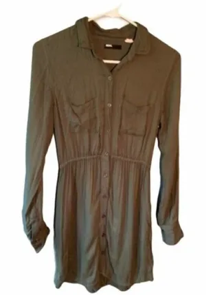 BDG‎ Women's Size XS Shirt Dress Button Down Dark Green Roll Tab Sleeves thumbnail 1