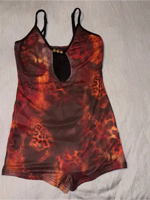 Shein Red Cheetah Animal Print Romper Small, Beaded Front Cutout Small, Festival thumbnail 4
