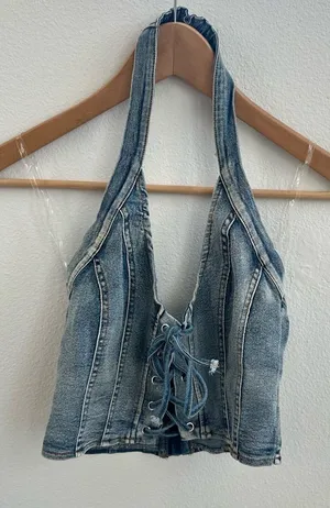 New Pink Denim Halter Top Blue thumbnail 1