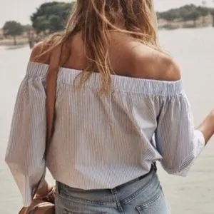 Madewell Clean Off-the-Shoulder Swing Top Shirt in Blue &‎ White Stripe Size XXS thumbnail 7