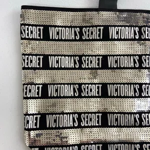 Victoria's Secret black‎ silver sequin striped large tote bag purse zip lined thumbnail 2