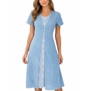 Vintage‎ 90s Chambray Gingham Plaid Midi Dress Button Front Cottagecore Medium Blue Size 10 thumbnail 12