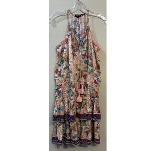 Tolani Boho Floral Halter Ruffle Mini Dress Peach Pink Tassel Smocked Waist thumbnail 9