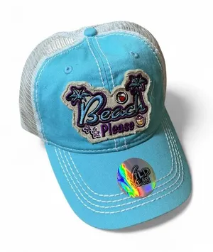 Wild Wear‎ Beach Please Trucker Hat Blue White Mesh Palm Tree Summer thumbnail 1