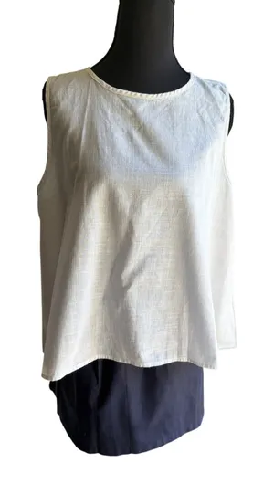 White Linen Blend Sleeveless Tank Top Wooden Button Back High Low Hem Size Large thumbnail 1