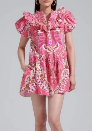 Love The Label Tatiana Floral Mini Ruffle Dress Clementine Pink Print Size Small thumbnail 13