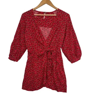 Free People Clara Dress Womens Extra Small Red Floral 3 4 Sleeve Tie Front Boho thumbnail 1