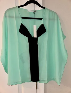 NWT Three Eighty Two Mint Sheer Blouse with Black Accent Size Medium thumbnail 1