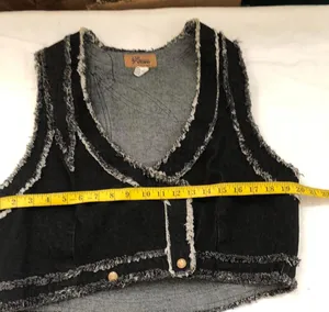 RARE Y2K Gothic Grunge Punk Rock Black Grey Sleeveless Denim Jean Vest Jacket Shirt Top Frayed Distressed Hem V-Neck Fitted Cropped 100% Cotton Size L thumbnail 4