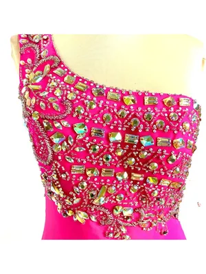 NWT Envious Couture Jeweled One Shoulder Formal Prom Gown 8 Barbiecore Pageant thumbnail 4