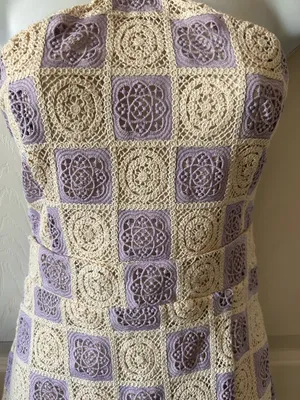 Anthropologie FORE‎ COLLECTION Lilac/Cream Checkered Crochet Halter Dress Autumn Wedding Guest thumbnail 6