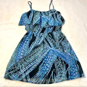 Lila Rose Dress Blue Green Black Print Sleeveless Ruffle Mini Dress Medium thumbnail 4