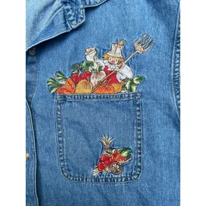 Vintage Cottagecore Autumn Embroidered Denim Shirt Harvest Teacher Western 90s M thumbnail 14