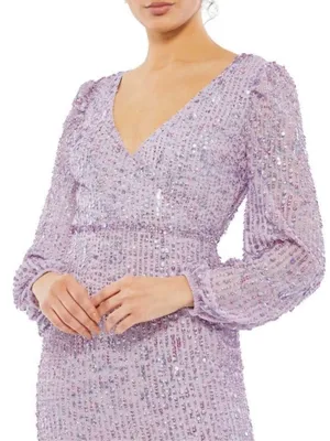 Mac Duggal Lavender Sequined Illusion Puff Sleeve Midi Dress 6 $298 107641 thumbnail 3