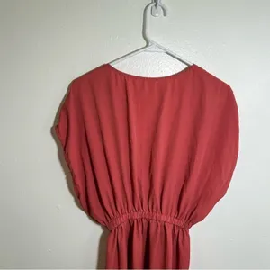 Womens Mini Dress V-Neck Short Dolman Sleeve Pink Red Elastic Waist A-Line Skirt thumbnail 6