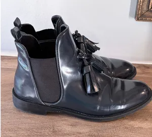 Zara Trafaluc Black‎ Leather Tassel Chelsea Ankle Boots 38 Preppy Coastal Rain thumbnail 1