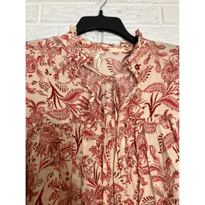 By Anthropologie peasant blouse off white‎ & red tie collar women's size small thumbnail 7