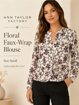 Ann Taylor White Floral Wrap-Style Blouse with‎ Pink & Red Blooms thumbnail 2