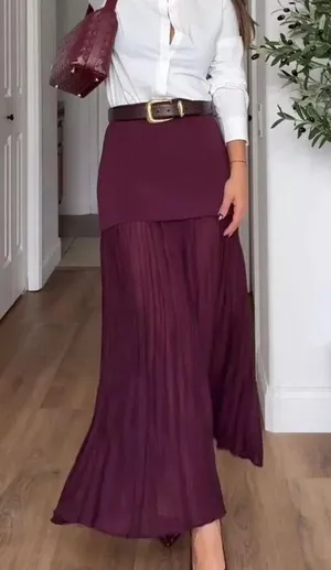 NWT ZARA WOMAN HIGH-WAIST COMBINED PLEATED KNIT SKIRT in BURGUNDY. Size Medium thumbnail 7