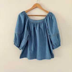 Sundance Denim Chambray Top M Blue Boho Puff Sleeve Square Neck Cotton Blouse thumbnail 9