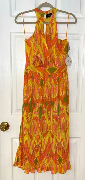 Milk & Honey Brightly Colored Geometric‎ Pattern Pleated Halter Dress Small NEW thumbnail 1