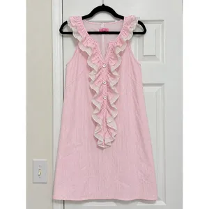 Lilly Pulitzer Pink Stripe Ruffle Shift Dress Cotton Sleeveless Preppy Size 2 thumbnail 2
