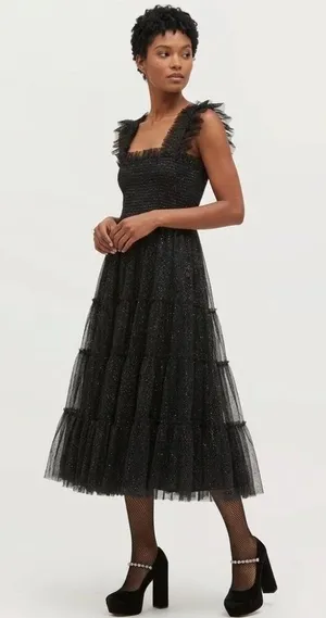 NWT Hill House Collector's Ellie Nap in Black Glitter Tulle Smocked Midi Dress M thumbnail 1