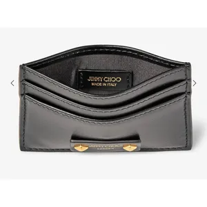 Jimmy Choo Umika Black Leather Card Holder Gold Diamond Studs Italy Designer thumbnail 5